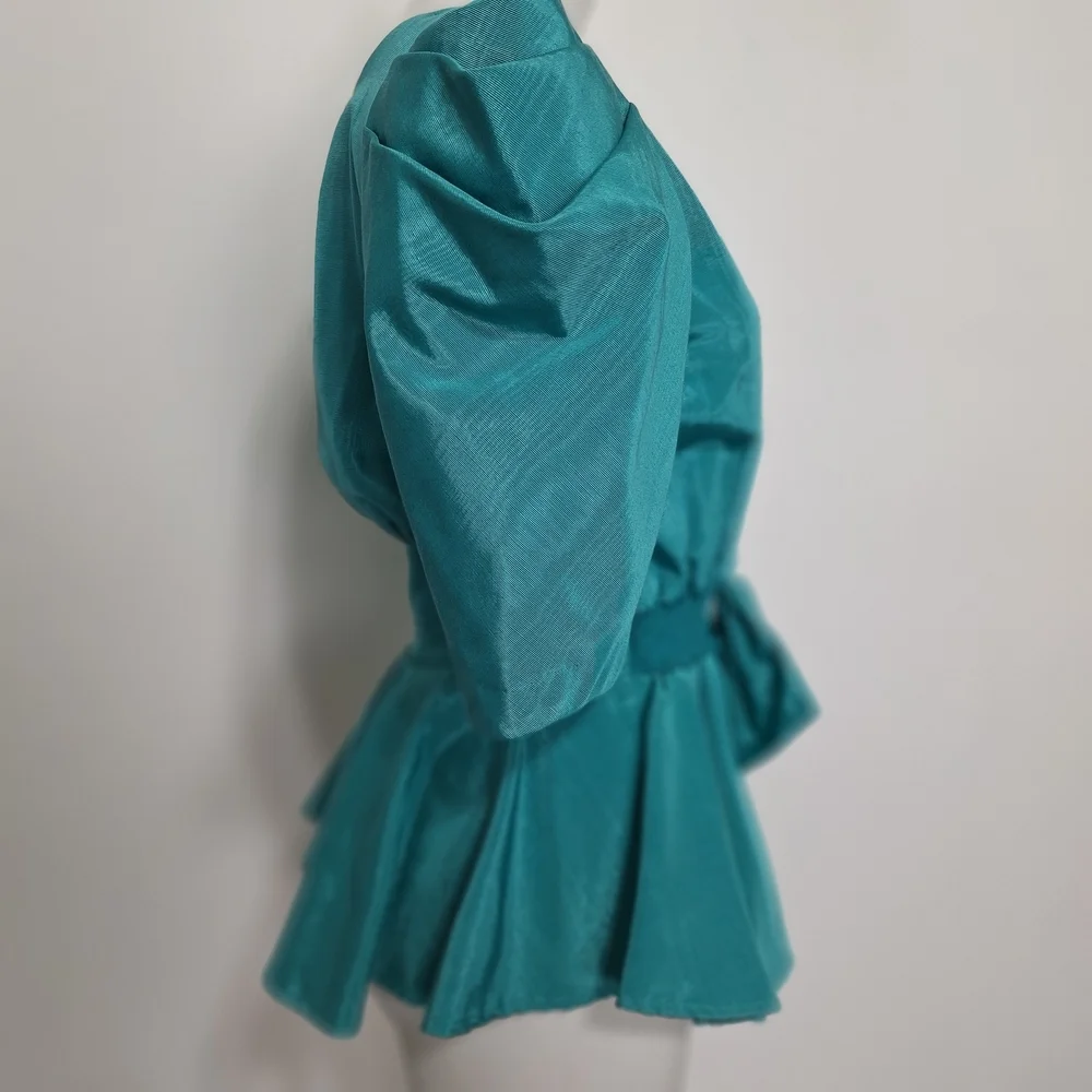 Watters & Watters Green Victorian Puff Sleeves Front Bow Peplum Top Size 14 - Picture 7 of 14